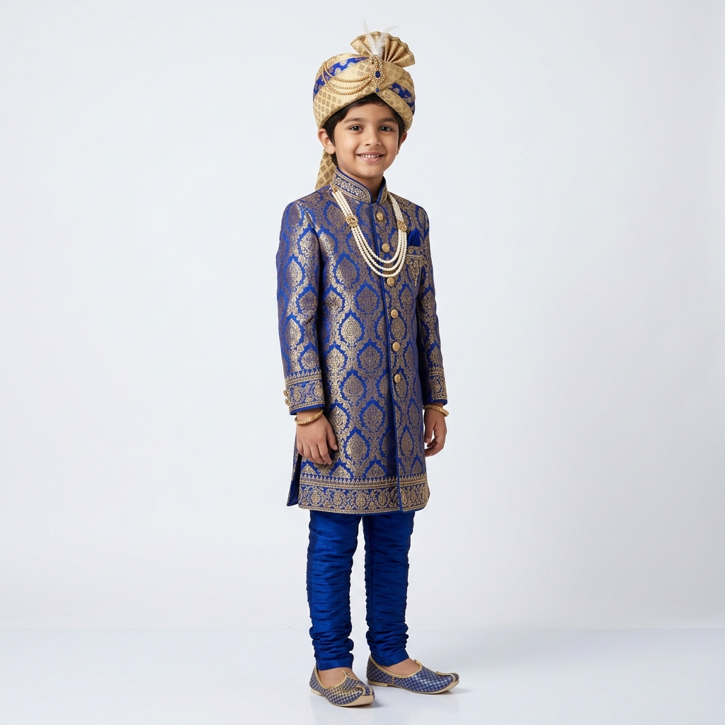Boys Royal Blue Banarasi Sherwani