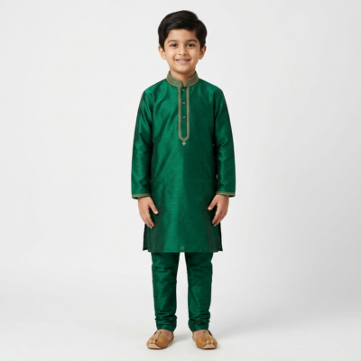 Kids Emerald Green Silk Kurta Set