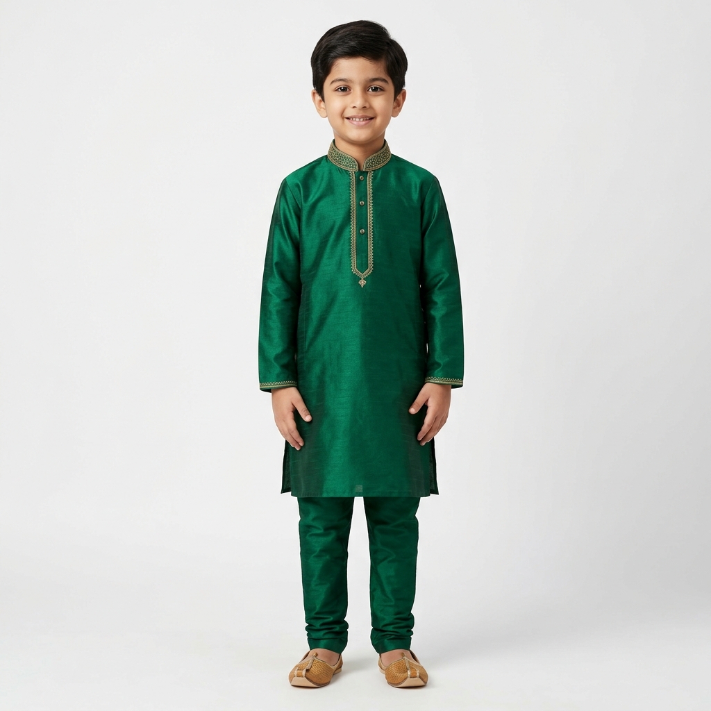 Kids Emerald Green Silk Kurta Set