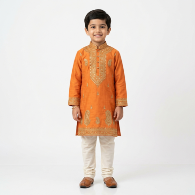 Kids Saffron Chikankari Kurta Set