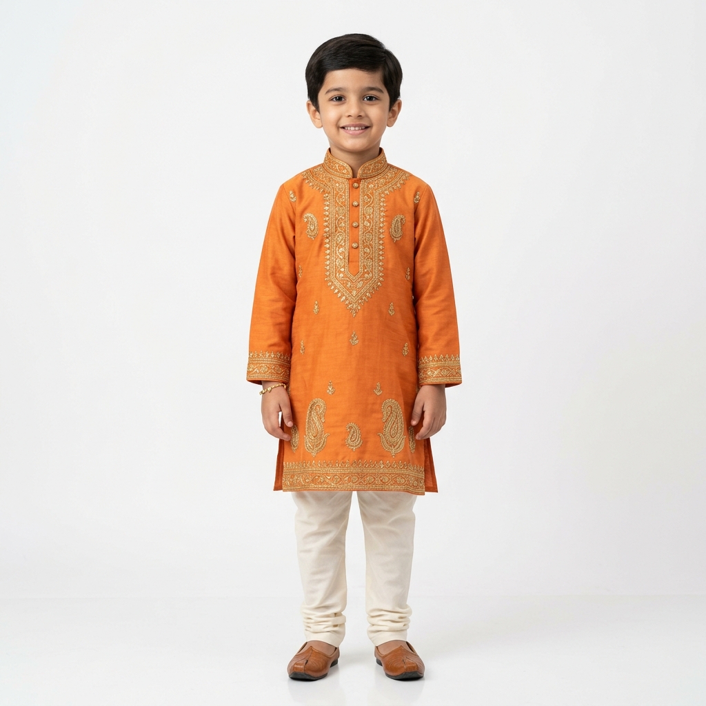 Kids Saffron Chikankari Kurta Set