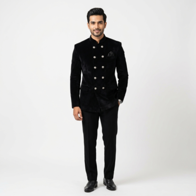 Classic Black Velvet Bandhgala Suit